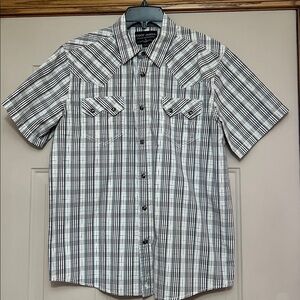 Cody James men’s shirt sleeve shirt.  Cream black blue plaid.